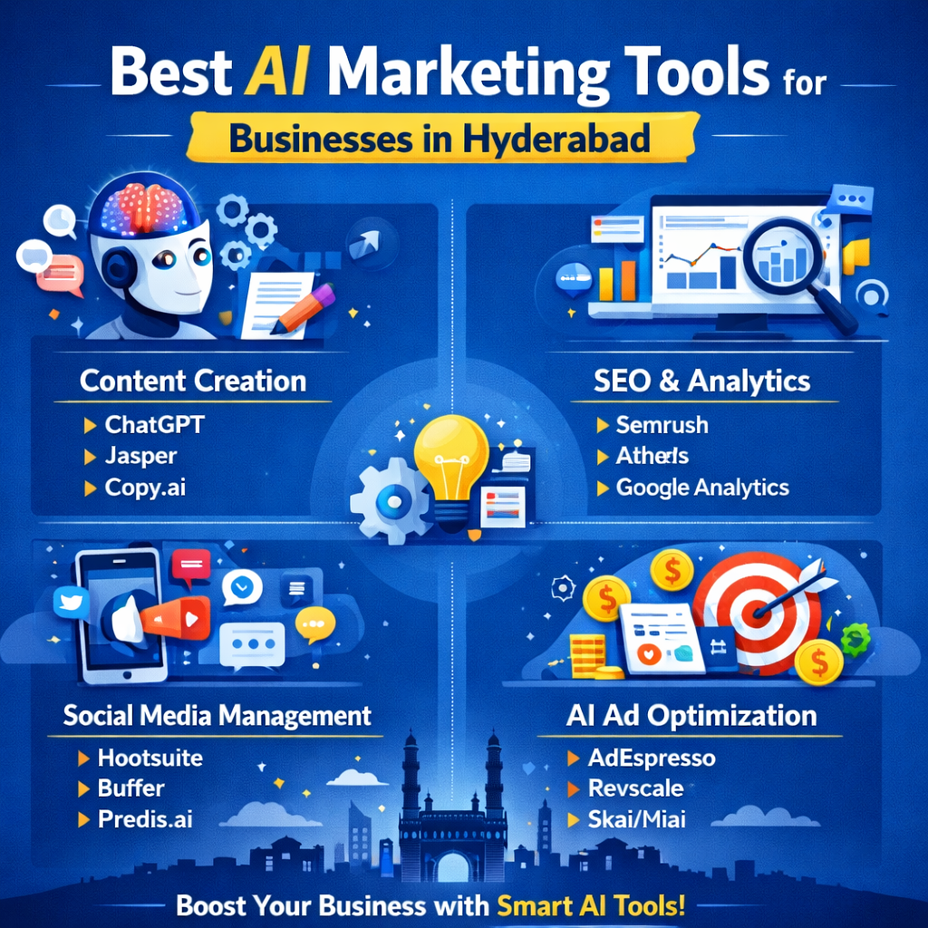 Illustration showing the best AI marketing tools for businesses in Hyderabad including content creation, SEO analytics, social media management, and AI ad optimization tools.