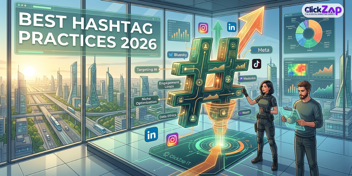 Futuristic illustration of hashtag marketing best practices in 2026, featuring a glowing hashtag, social media icons, data dashboards, and a team analyzing growth and engagement strategies.