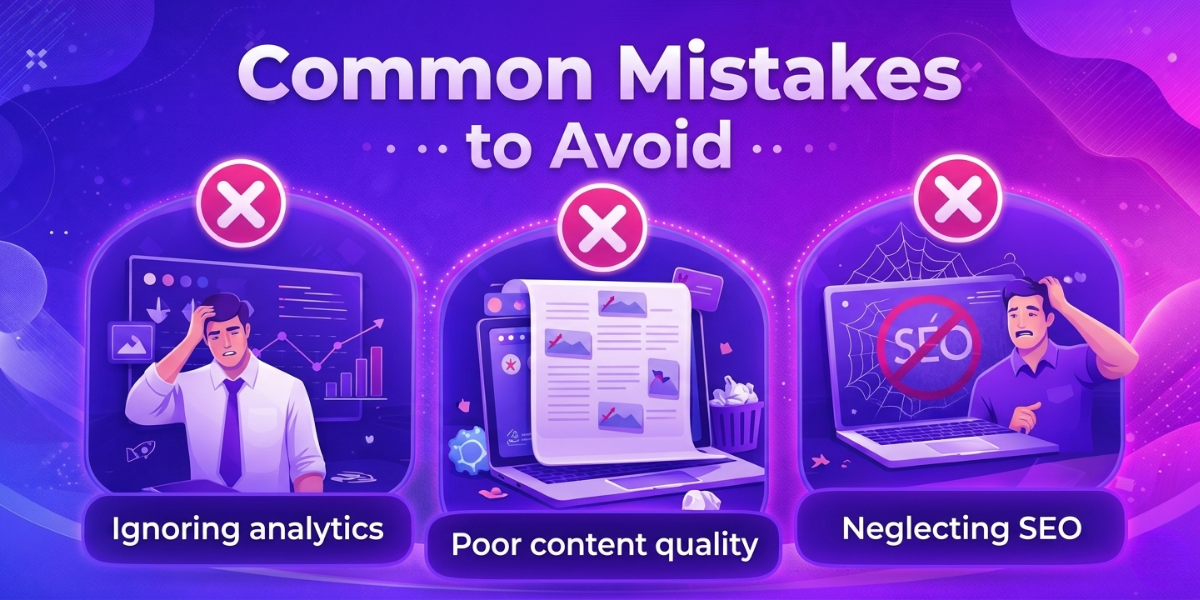 Infographic titled ‘Common Mistakes to Avoid’ showing three errors: ignoring analytics (confused person with charts), poor content quality (cluttered webpage on a laptop), and neglecting SEO (laptop with SEO crossed out), each marked with a red X.