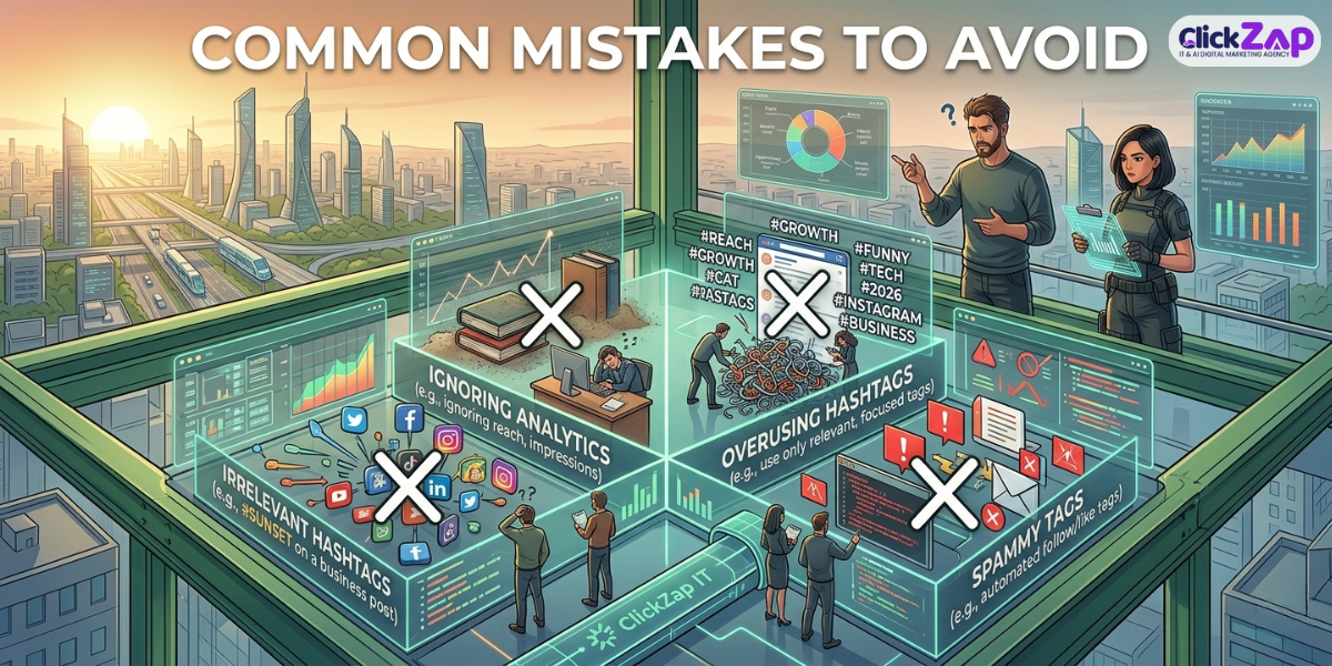 Illustration of common hashtag marketing mistakes, including ignoring analytics, using irrelevant or excessive hashtags, and spamming tags, shown with warning icons and data dashboards.