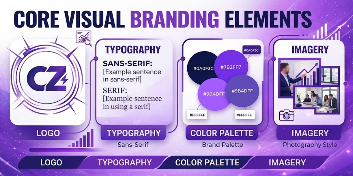 Infographic titled ‘Core Visual Branding Elements’ showing four sections: a logo design with ‘CZ’, typography examples (sans-serif and serif), a purple-themed color palette with hex codes, and imagery examples featuring business and growth visuals