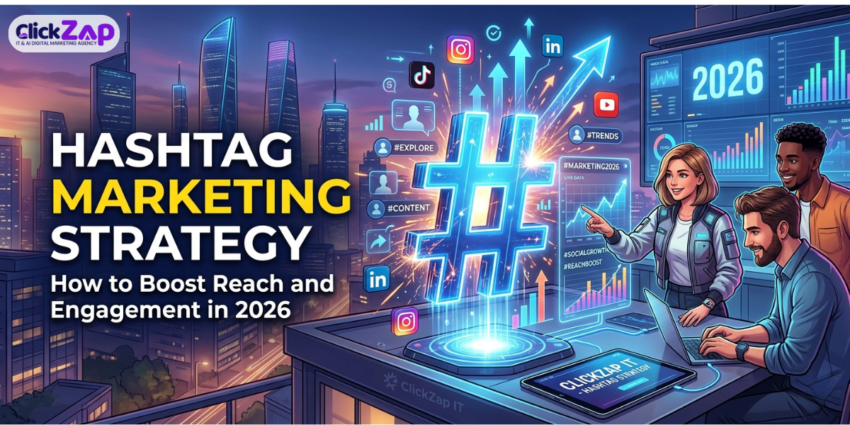 Featured image showing a futuristic hashtag marketing strategy concept with social media icons, rising analytics, and a team collaborating to boost reach and engagement in 2026.