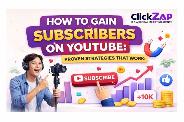 How to gain subscribers on YouTube with proven strategies, featuring subscribe button, growth graph, and ClickZap IT & AI Digital Marketing Agency branding