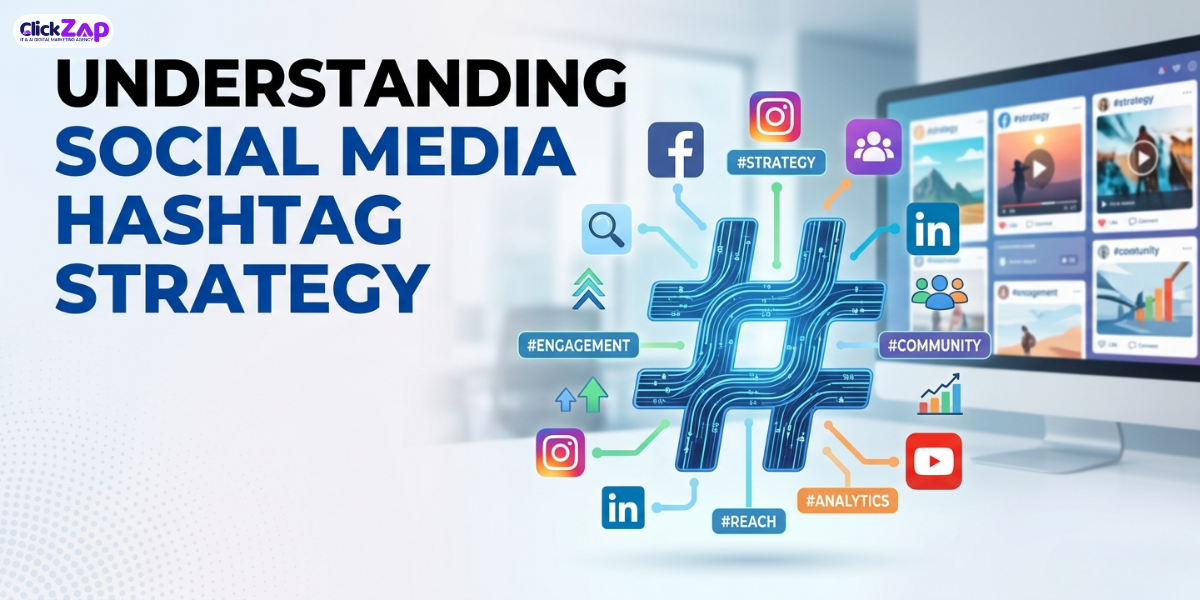 Futuristic hashtag marketing concept with social media icons, rising analytics, and a team boosting engagement in 2026.