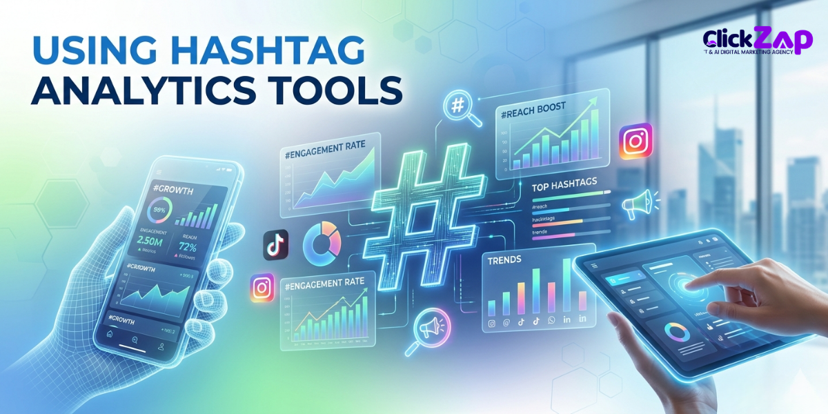 Digital illustration of hashtag analytics tools showing growth charts, engagement rates, and social media icons on a smartphone and tablet interface.