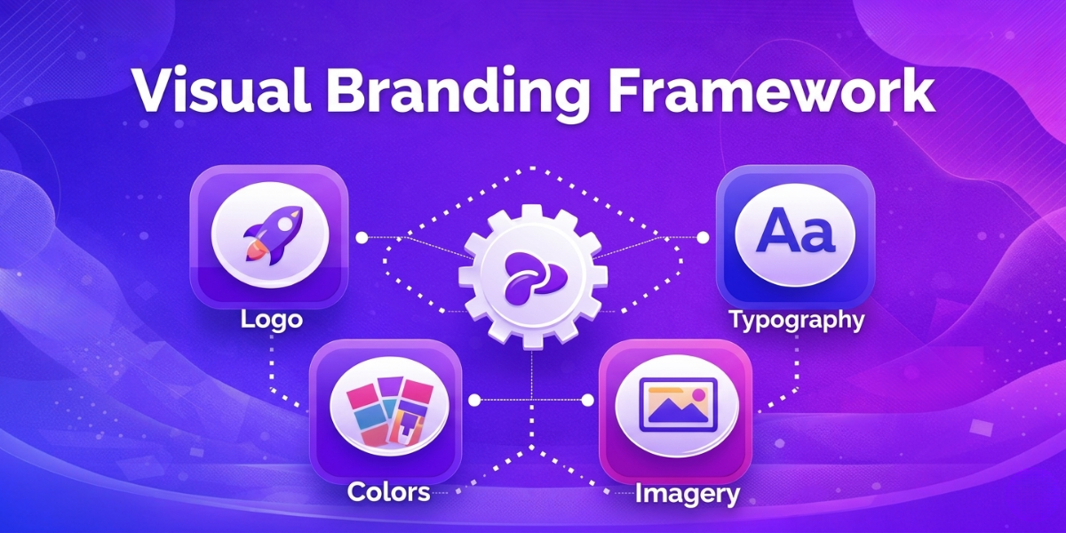 Graphic titled ‘Visual Branding Framework’ showing interconnected elements: logo, typography, colors, and imagery, arranged around a central gear icon on a purple gradient background.